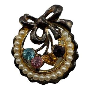 Vintage Bow Wreath Brooch with Faux Pearls‎ & Multicolor Rhinestones – 1” Round